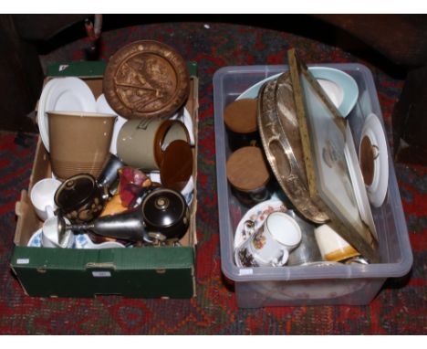 Two boxes of miscellaneous including commemorative wares, Royal Worcester, glasswares, metalwares, Denby etc.