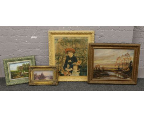 Four framed oil paintings to K. Young oil on board, ducks and river scene, oilograph of two children etc.