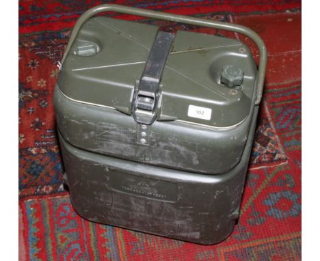 A Norwegian Army portable insulated hot / cold food container with accessories with military broad arrow mark.