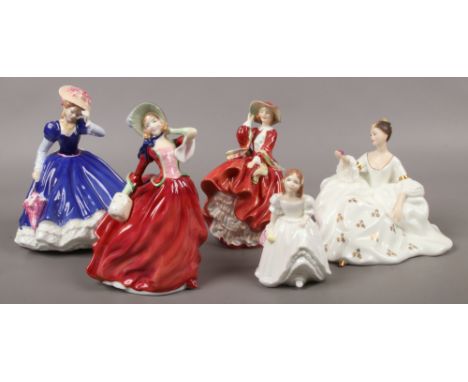Five Royal Doulton porcelain figures including Top o The Hill, My Love HN2239, Autumn Breezes HN1934 etc.