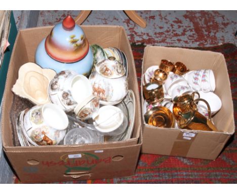 Two boxes of ceramics and glass to include Samurai gilded coffee service, Royal Worcester cabinet plates, MacDonald storage j