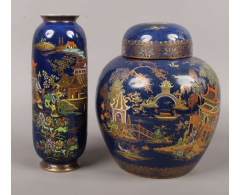 A Carltonware ginger jar decorated with&nbsp;chinoiserie landscape along with a matching cylindrical vase.