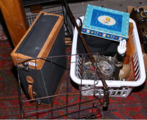 A basket of miscellaneous to include costume jewellery boxed child's teaset, vintage brass radiator valves, stoneware jug, wa