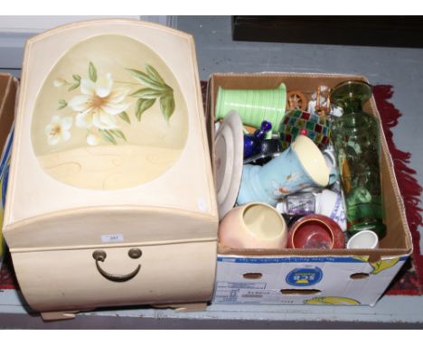 A box of miscellaneous to include Masons decorative glass vase etc along with a storage trunk decorated with flowers.