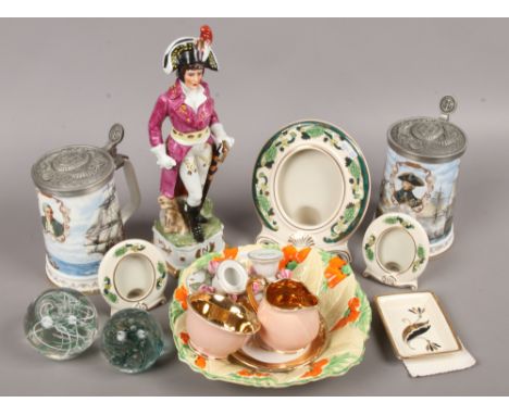 A group lot of mostly ceramics to include Masons picture framed, glass paper weights, Capodimonte candlesticks, Royal Worcest