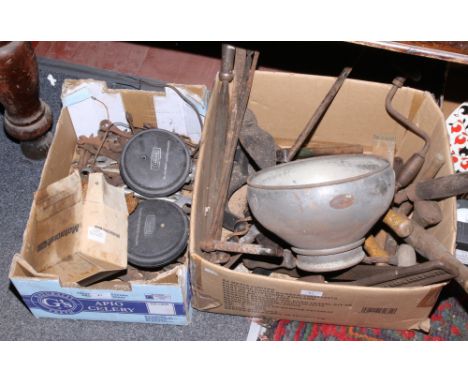 Two boxes of tools to include large Dennis back axle nuts, spanner, hand drill etc.