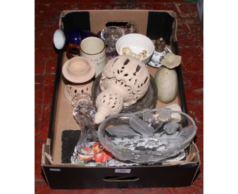 A box of miscellaneous including mottoware miniature oil lamp, glasswares, ornaments etc.