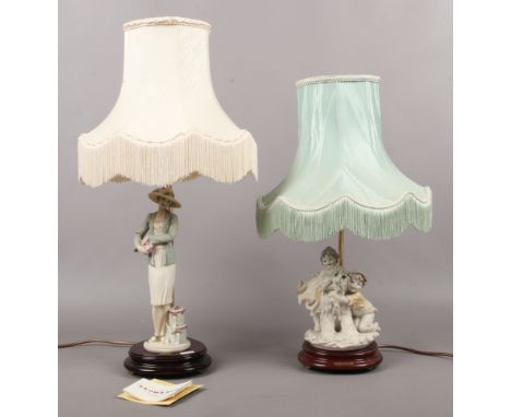 Two Capodimonte figural table lamps one signed Giuseppe Armani and the other signature indistinct, two children and a dog and