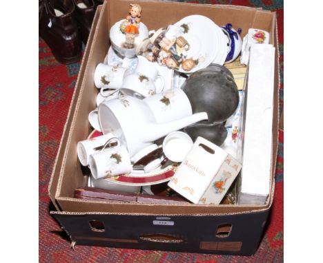 A box of miscellaneous ceramics and pewter; Colclough six place tea service, Royal Doulton coffee service in the Westwood des