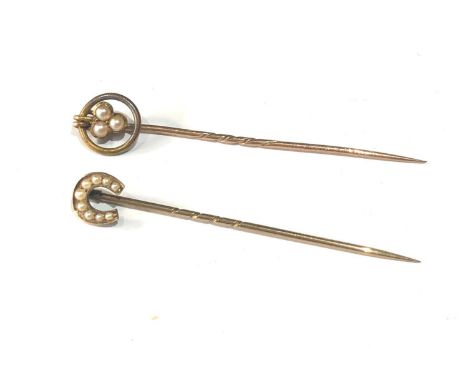 2 gold seed pearl head stick pins 15ct and 9ct heads 