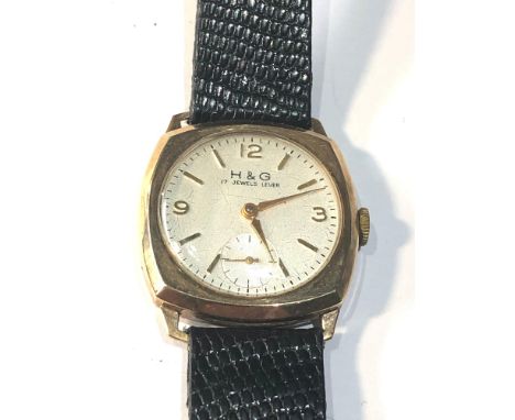 H &amp; G 9ct gold gents vintage wristwatch cushion shaped case hand winding in working order but no warranty given 