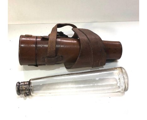 Antique leather cased silver plated mounted and glass saddle  flask please see images for details 