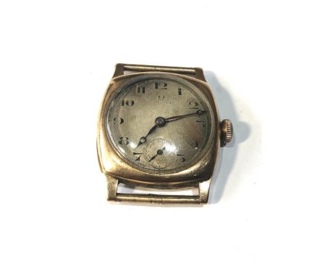 1930s 9ct gold gents omega wristwatch signed omega to dial and movement dennison 9ct gold cushion shaped case case 