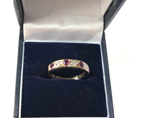 9ct gold diamond ruby half eternity band ring weight 1.6g 