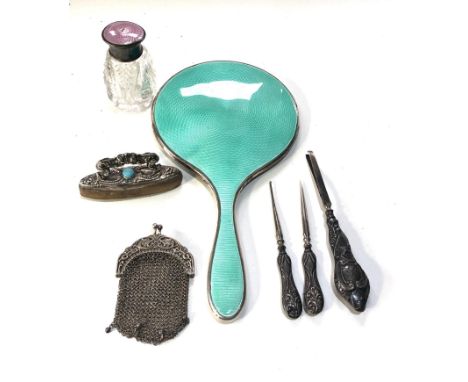 selection of silver items includes silver and enamel dressing table mirror perfume bottle etc please see image for details 