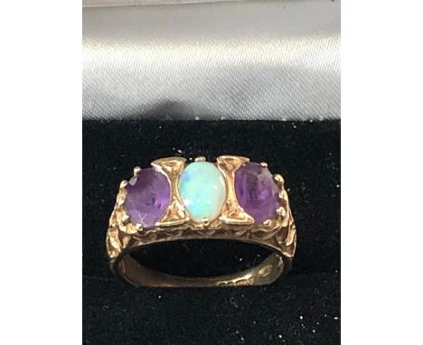 9ct gold opal &amp; amethyst gypsy ring weight4g 