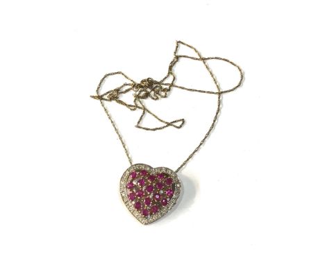 9ct gold diamond ruby heart pendant necklace weight 3.3g 