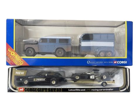 A pair of boxed Corgi vehicle sets, to include: - Lotus Elite and JPS Racing Car with Trailer - Horse Box and Land Rover 