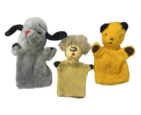 A trio of vintage television toy puppets, to include: - Chad Valley Sooty - Patsy B Sweep (with squeaker) - Dougal (Magic Rou