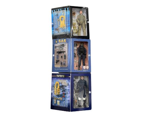 Three boxed military action figures, to include: - Dragon: US Army Air Force P-40 Pilot - Blue Box Toys: RAF Fighter Pilot - 