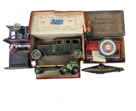 A mixed lot of various tinplate toys, to include: - A boxed Simplex Typewriter - A boxed MOKO SX Six Cylinder Saloon - A Germ