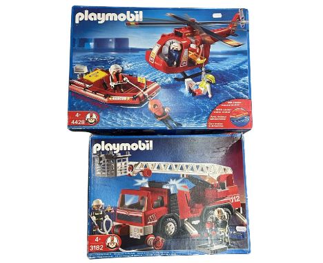 A pair of  boxed Playmobil sets, to include: - 4428 Fire Rescue Helicopter and Boat - 3182 Rescue Ladder Truck(unchecked for 