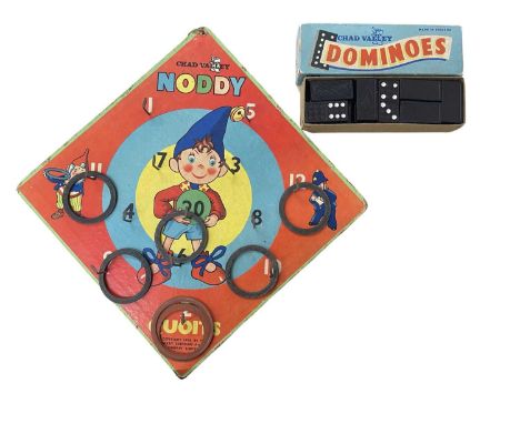 A pair of 1950s Chad Valley wooden toys, to include: - Noddy Quoits board with 7 quoits - A boxed set of dominoes, with lion 