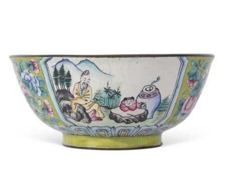Chinese enamel bowl, the green ground finely decorated in famille rose flowers with alternative panels of Chinese figures in 