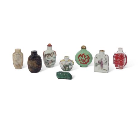 Miscellaneous lot of Chinese scent bottles including a porcelain example with pair of doves and grasshopper verso, two carved