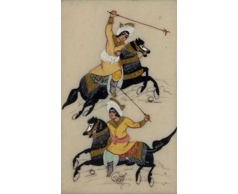 Indian School, 19th Century, An equestrian portrait of a young man wielding a spear (4x2"), together with a separate example 