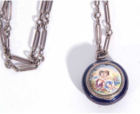 19th century Continental gilt white metal and enamel vinaigrette of cushion form having top and base panels hand painted with