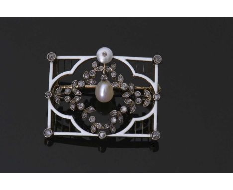 European pearl, diamond and enamel brooch of rectangular open work design, centring an articulated pearl dropper within an ol