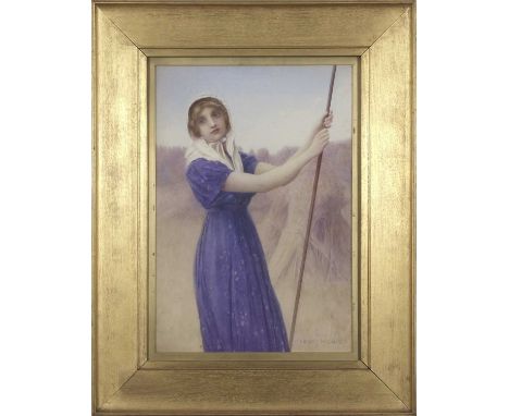 Henry Ryland RI (British, 1856-1924), 'The Harvest Girl'. A young haymaker in a blue dress wearing a white bonnet. Pencil and