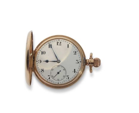 Gents first quarter of 20th century 9ct gold cased full hunter pocket watch of polished plain form, having blued steel hands 