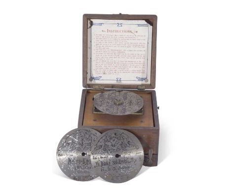 A small late 19th century Fairy polyphon in stained wooden case, complete with box of metal discs, 13 x 18 x 17.5cm