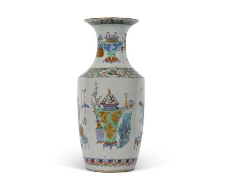 Late 18th century Chinese porcelain vase, famille vert decoration, the main body decorated with precious objects, in polychro