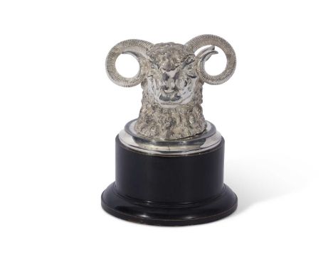 Silver plated ram's head inkwell, the modelled ram's head with repousse detail of the face, horns and fur, the hinged lid ope