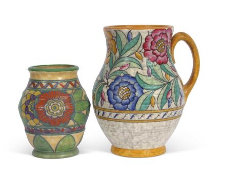 A Charlotte Rhead vase with loop handle with the Persian Rose pattern together with a smaller vase with tube lined floral dec