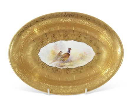 Royal Worcester dish with gilt decoration and central panel of pheasants, indistinctly signed, Royal Worcester gold mark to b