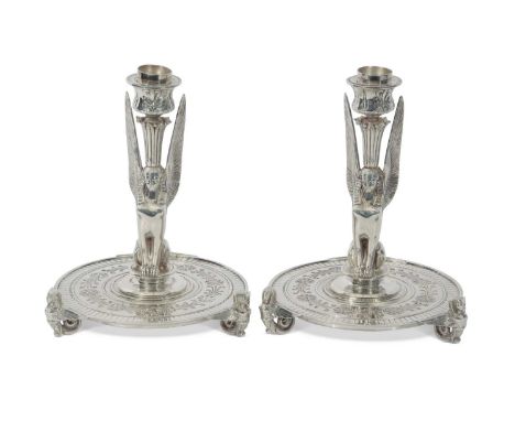 Pair of Elkington &amp; Co silver plated Egyptian Revival candlesticks, 20cm tall, the tray diam 14cm