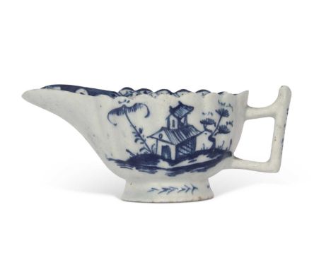 Lowestoft Porcelain Butterboat c.1765 painted with a pagoda and Chinese island pattern with same design verso the interior wi