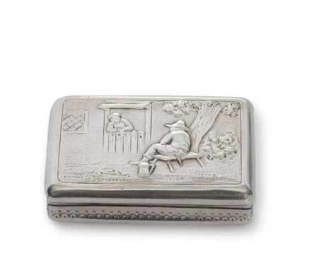 George III snuff box of concave sided rectangular form, the lid embossed in Dutch style with figures conversing by an ale hou