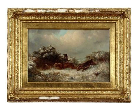 Thomas Smythe (British, 1825-1906), Hunting dogs around a rabbit hole. Oil on canvas, signed, 11 x 18ins.Qty: 1