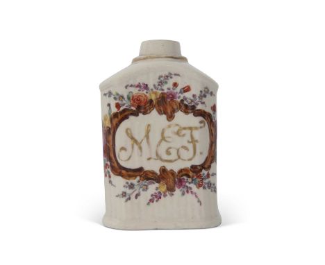 Continental porcelain tea caddy of ribbed form with floral decoration and initials in gilt, possibly Rudelstadt
