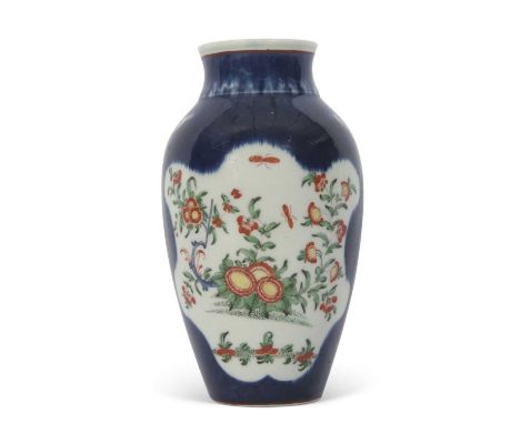 Worcester Scale Blue Ground Vase c.1770 with panels of flowers in kakiemom style, factory seal mark to base19cm high