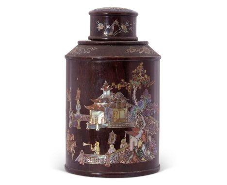 Chinese hardwood caddy decorated in mother of pearl with Chinese figures and pagodas, the top with a bone inlay of a Chinese 