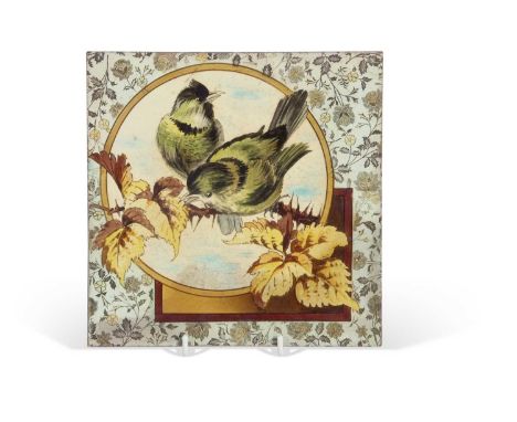 Doulton Lambeth faience tile decorated by Florence Barlow with birds surrounded by foliage, the rear with Doulton faience mar