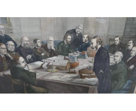 A 19th century black and gold framed and glazed coloured engraving of 'The Cabinet Council of the Foreign Office', signed R. 