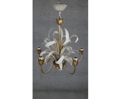 An Italian gilt metal toleware foliate design five branch chandelier. H.53CM 