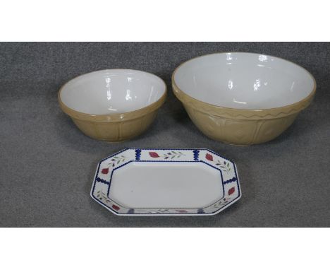 Two vintage Mason Cash &amp; Co glazed ceramic mixing bowls along with an Adams large octagonal painted ceramic platter decor